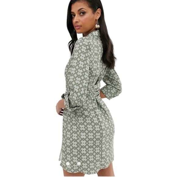 ASOS NWT Monogram Print Mini Tux Dress, Gray Khaki Cuffed Sleeves Women's 6 (US) - Picture 12 of 12